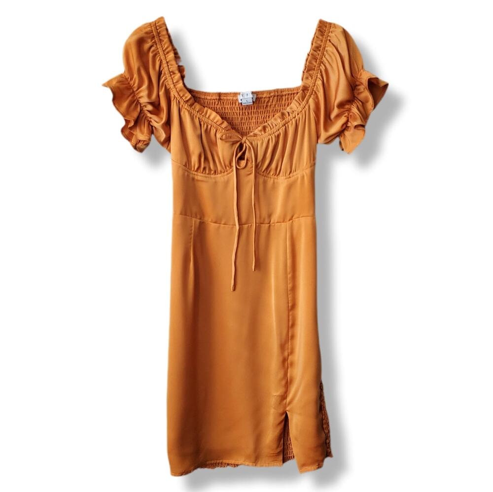 Anthropologie HYFVE Gold Milkmaid Dress L Smocked Bodycon Fairy Cottagecore